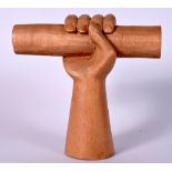 A CARVED WOODEN SCULPTURE OF A HAND, formed holding a “bar”. 22 cm x 22 cm.