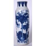 A 20TH CENTURY CHINESE BLUE AND WHITE PORCELAIN SLEEVE VASE, decorated with figures in a landscape.