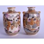 A SMALL PAIR OF LATE 19TH CENTURY JAPANESE MEIJI PERIOD SATSUMA VASE painted with geisha. 9 cm high