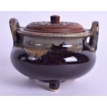 A CHINESE QING DYNASTY STONEWARE TWIN HANDLED CENSER with hardwood cover. 9 cm wide.