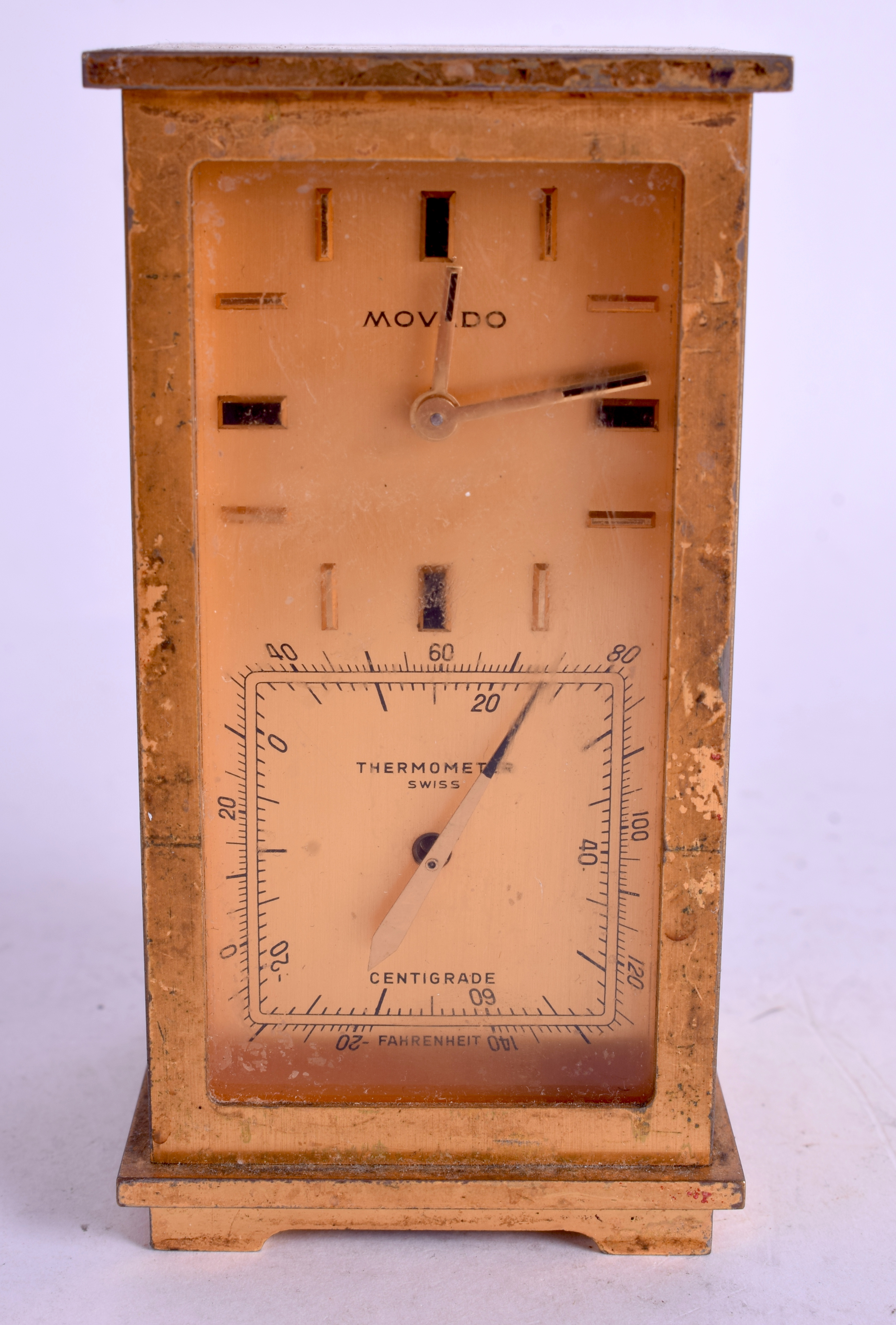 A RETRO MOVADO BRASS CLOCK THERMOMETER. 10 cm x 5.5 cm. - Image 3 of 4