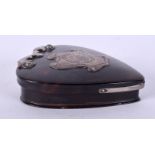 A RARE REGENCY CARVED TORTOISESHELL AND SILVER SNUFF BOX in the shape of a heart. 5.5 cm x 6.25 cm.