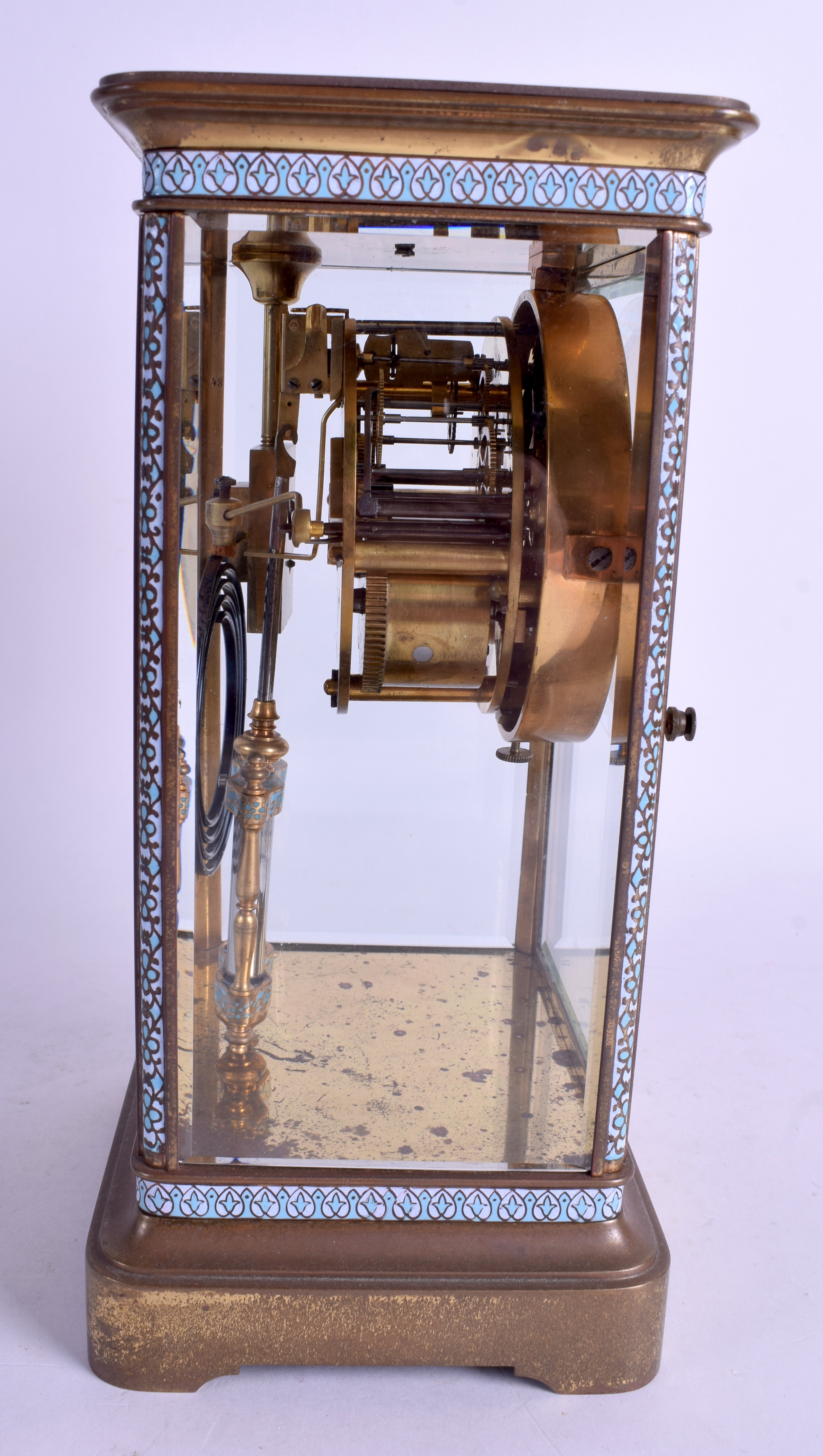 AN ANTIQUE SHREVE GRUMP & LOW CO CHAMPLEVÉ ENAMEL REGULATOR CLOCK. 23 cm x 15 cm. - Image 2 of 3