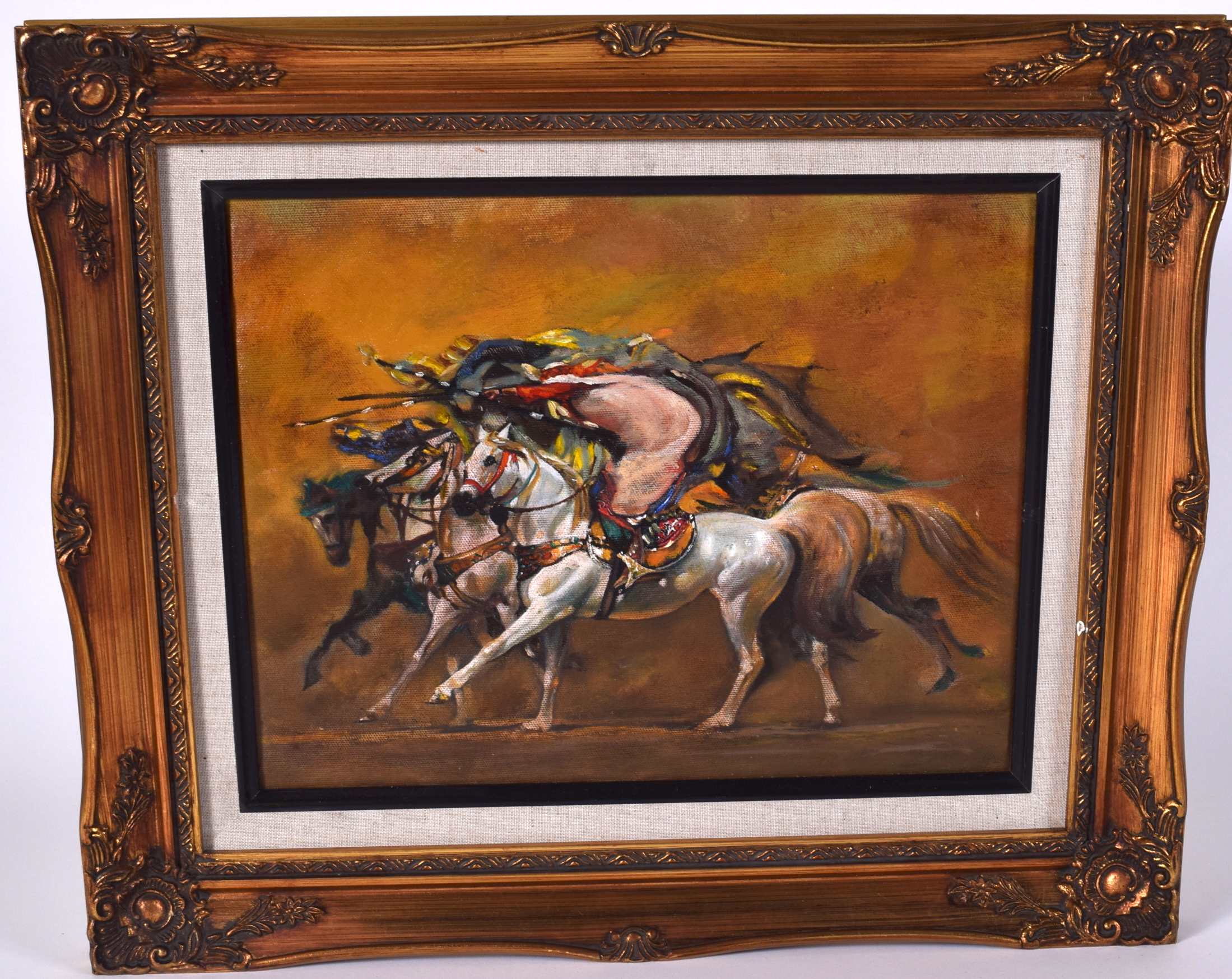 ARABIC SCHOOL (20th century) FRAMED OIL ON CANVAS, figures charging on horseback. 27 cm x 33.5 cm.