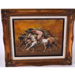 ARABIC SCHOOL (20th century) FRAMED OIL ON CANVAS, figures charging on horseback. 27 cm x 33.5 cm.