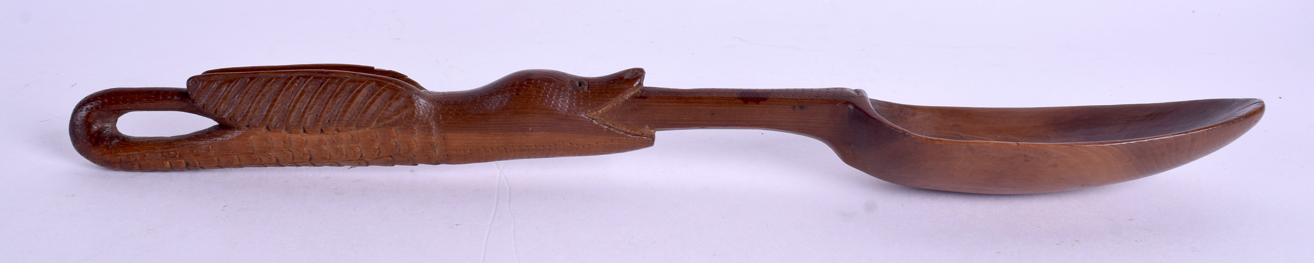 A LOVELY 19TH CENTURY CONTINENTAL FRUITWOOD TREEN SPOON formed from a stylised bird. 29 cm long.