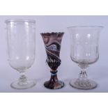 THREE ANTIQUE CELERY GLASSES. Largest 23 cm high. (3)