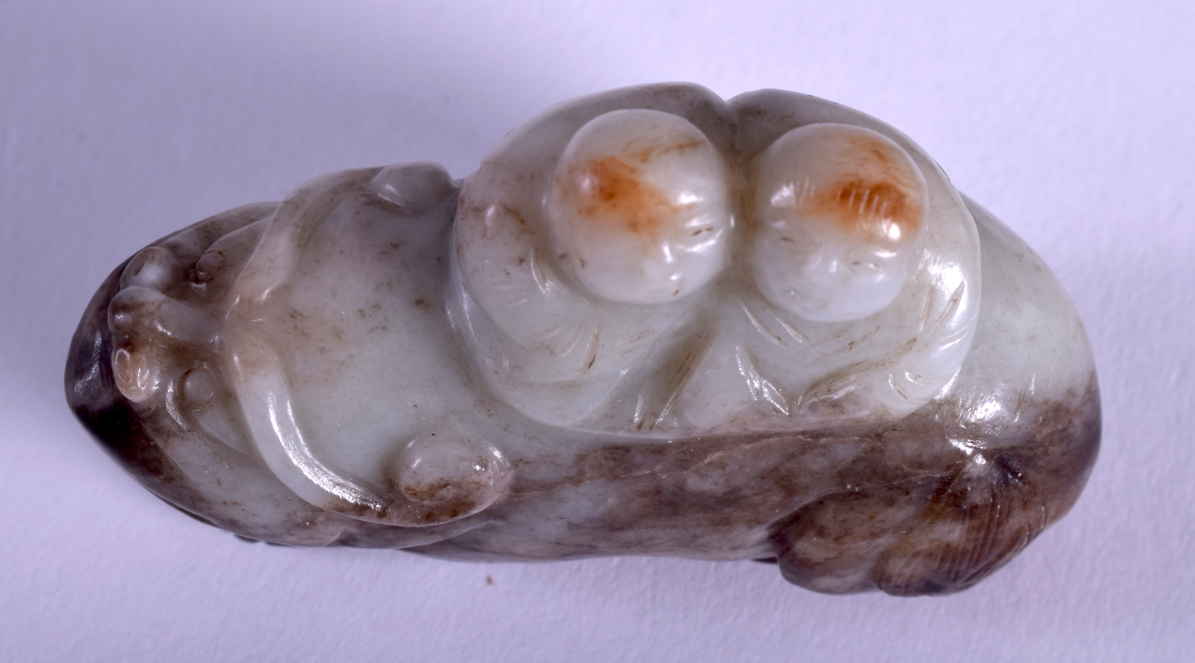 A 19TH CENTURY CHINESE CARVED MUTTON GREEN JADE BEAST modelled with two attendants on board. 6.5 cm - Image 7 of 8