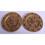 A RARE PAIR OF 18TH/19TH CENTURY INDIAN NEPALESE TIBETAN BRASS BRONZE BUDDHA DISHES inset with cora