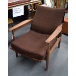 A 1970'S TEAK MANHATTON RECLINING CHAIR BY GUY ROGERS, with Harris Tweed upholstery. 75 cm high X 9