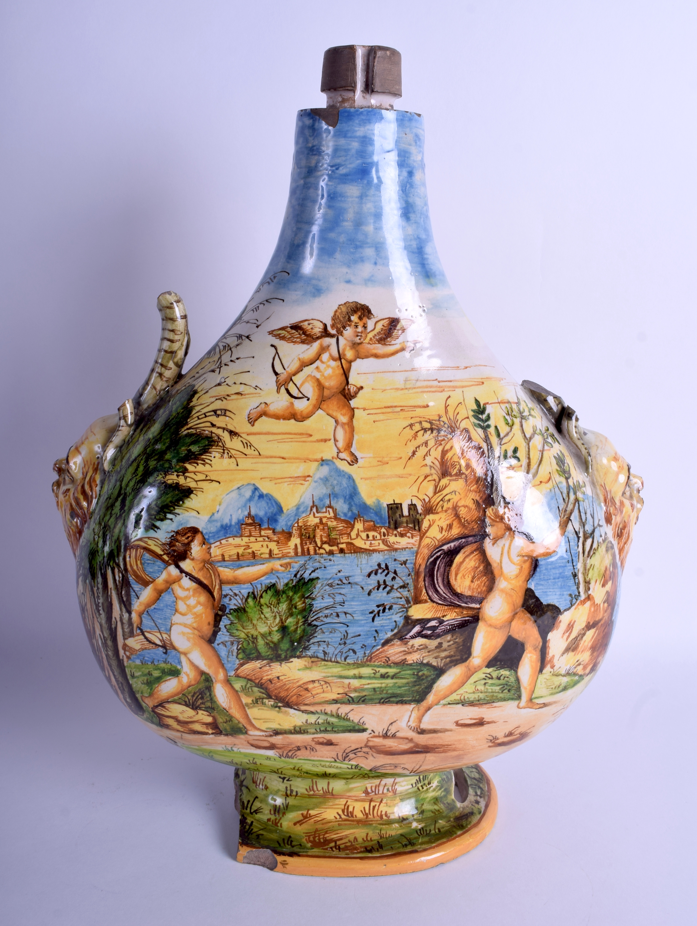 A LARGE EARLY ANTIQUE ITALIAN MAJOLICA FAIENCE PILGRIM VASE possibly Urbino, painted with classical - Image 2 of 3