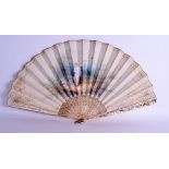A LARGE 19TH CENTURY FRENCH PAINTED SILK AND MOTHER OF PEARL FAN painted with a female and butterfl