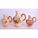 THREE ROYAL WORCESTER BLUSH IVORY FLAT BACK JUGS C1903 & 1909. Largest 15 cm high. (3)