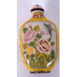 A 20TH CENTURY CHINESE ENAMEL SNUFF BOTTLE QIANLONG MARKS, decorated with panels of foliage. 8 cm h