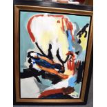 EUROPEAN SCHOOL (20th century) FRAMED OIL ON CANVAS, abstract chicken, indistinctly signed. 66 cm x