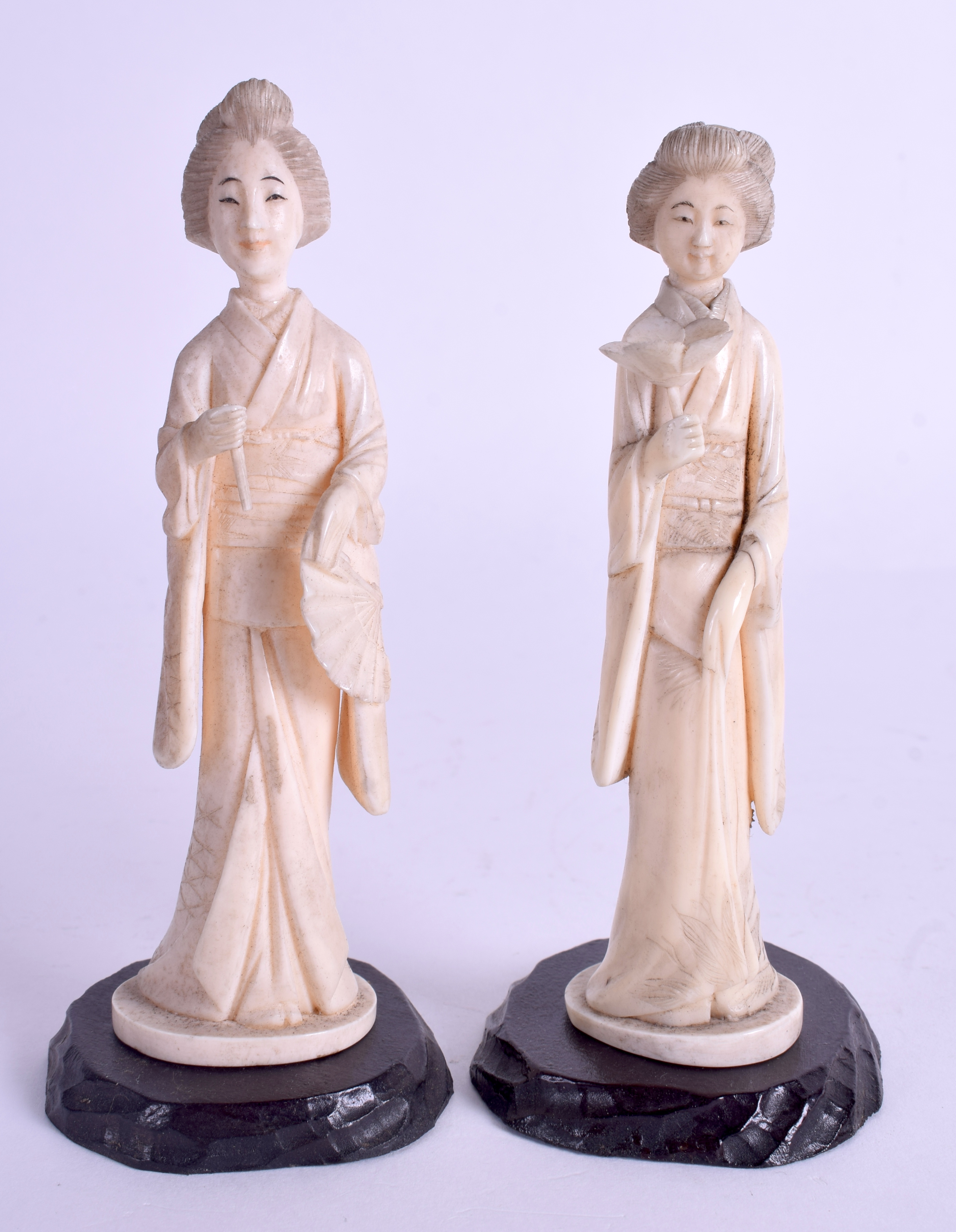 A PAIR OF 19TH CENTURY JAPANESE MEIJI PERIOD IVORY FIGURES. Ivory 13 cm high.(4)