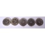 FIVE CHINESE WHITE METAL COINS, decorated with mythical beasts and calligraphy. 4.2 cm wide.