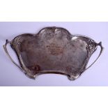 A LARGE ART NOUVEAU TWIN HANDLE SILVER PLATED TRAY Attributed to WMF. 58 cm x 34 cm.