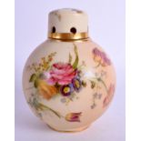 A ROYAL WORCESTER GLOBULAR POT POURRI VASE AND COVER C1911, painted with flowers. 13 cm high.
