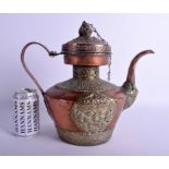 A GOOD LARGE 18TH/19TH CENTURY TIBETAN COPPER AND BRASS EWER decorated with Buddhistic mask heads a