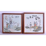 A PAIR OF EARLY 20TH CENTURY CHINESE FAMILLE ROSE PORCELAIN PANELS Qing/Republic. 24 cm square.