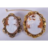 TWO ANTIQUE CAMEO BROOCHES. 5 cm x 6 cm & 3 cm x 5 cm. (2)