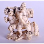A 19TH CENTURY JAPANESE MEIJI PERIOD CARVED IVORY OKIMONO modelled as three oni and another male pe