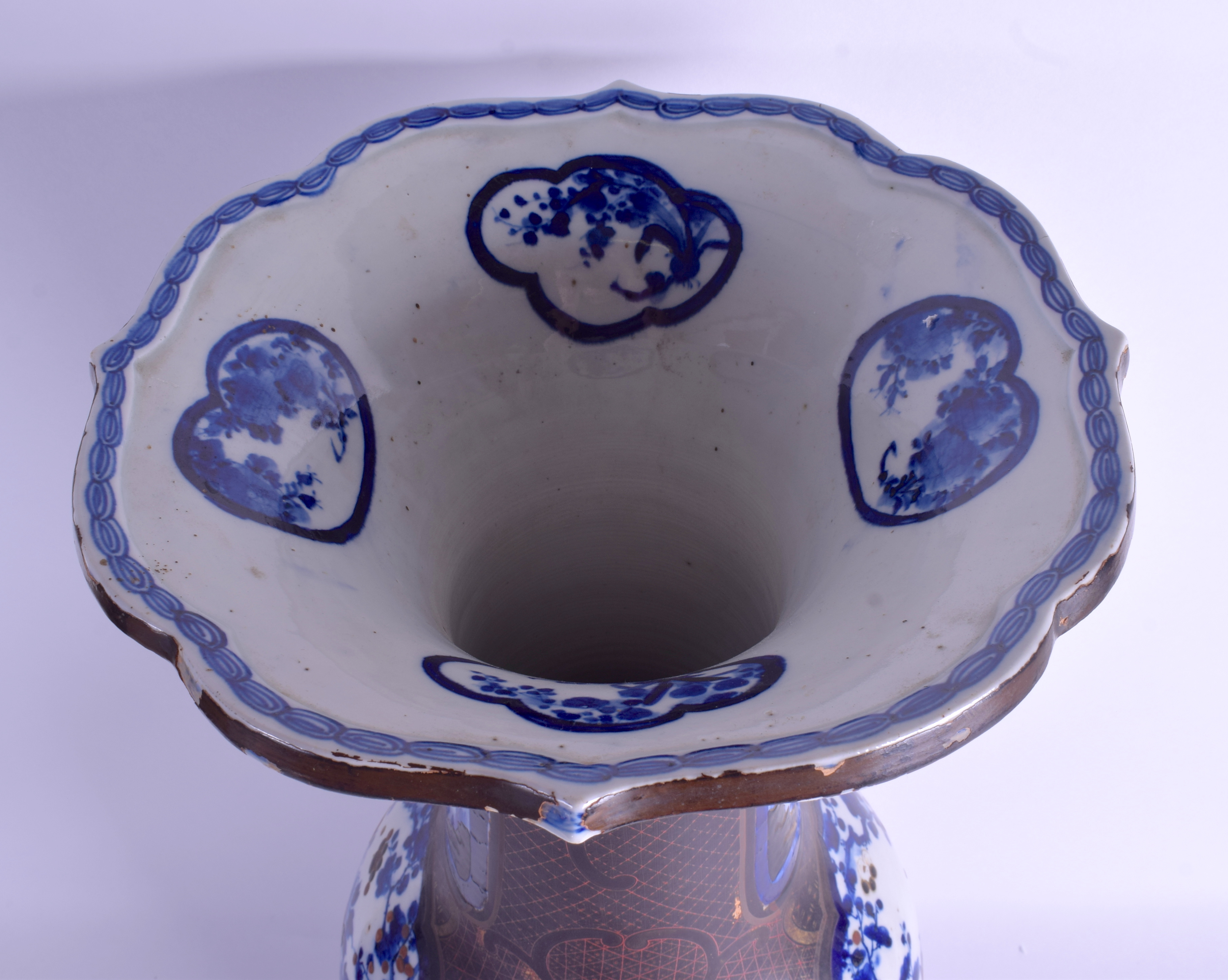 A LARGE 19TH CENTURY JAPANESE MEIJI PERIOD BLUE AND WHITE VASE lacquered with black and red motifs. - Image 5 of 6