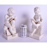 A PAIR OF 19TH CENTURY PARIAN WARE FIGURES OF TWO CHILDREN modelled seated reading books. 29 cm hig
