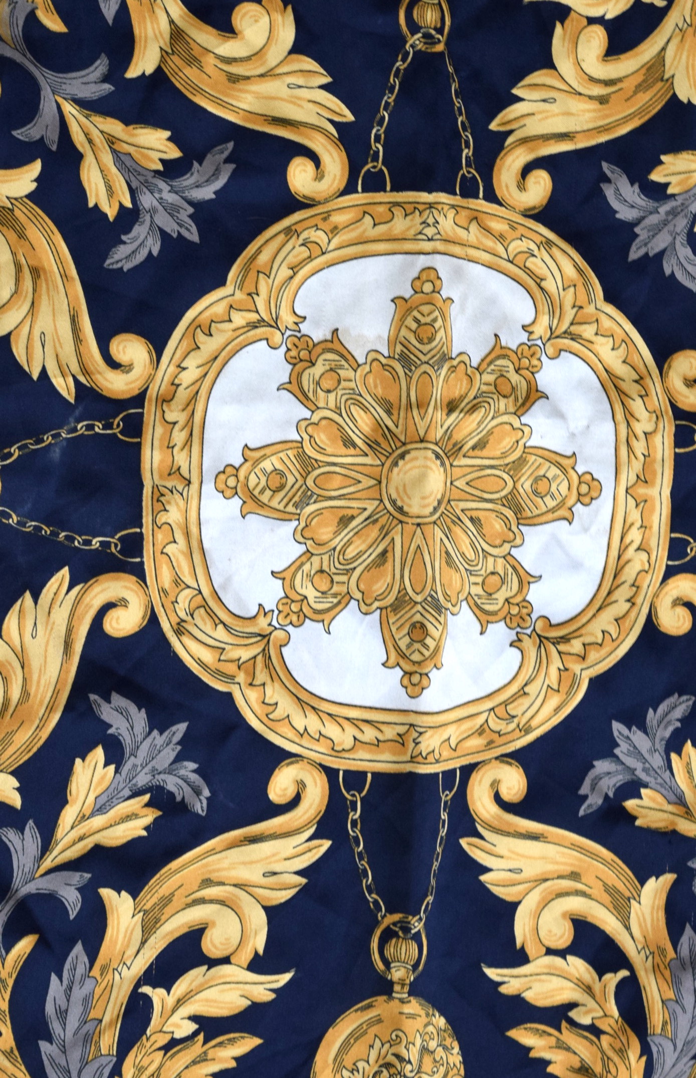 A VINTAGE VERSACE SILK SCARF OR SHAWL, decorated with foliage and hanging pocket watches. 112 cm x 1 - Image 2 of 2