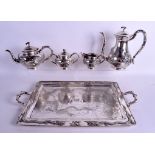 A LOVELY 19TH CENTURY CHINESE EXPORT FOUR PIECE SILVER TEASET ON TRAY decorated with dragons upon a
