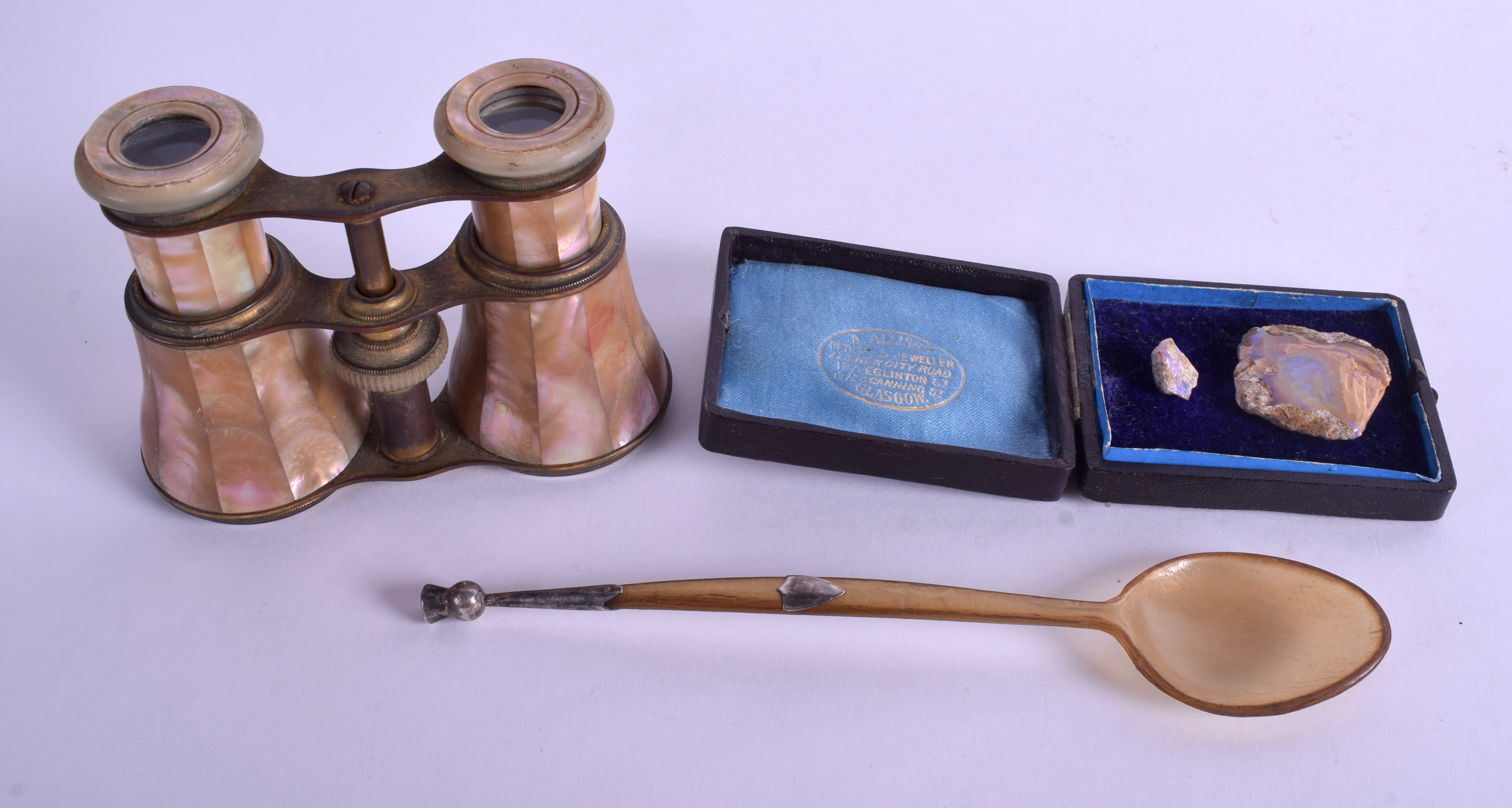 A PAIR OF ANTIQUE MOTHER OF PEARL OPERA GLASSES together with a horn & silver spoon & two opal frag