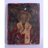 AN EARLY RUSSIAN PAINTED WOOD ICON depicting a saint wearing religious robes. 20 cm x 26 cm.
