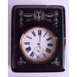 AN ANTIQUE SILVER PIQUE WORK INLAID TRAVELLING CLOCK decorated with foliage and vines. 9 cm x 11 cm