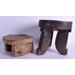 TWO AFRICAN TRIBAL HARDWOOD STOOLS. 26 cm x 21 cm & 22 cm x 12 cm. (2)