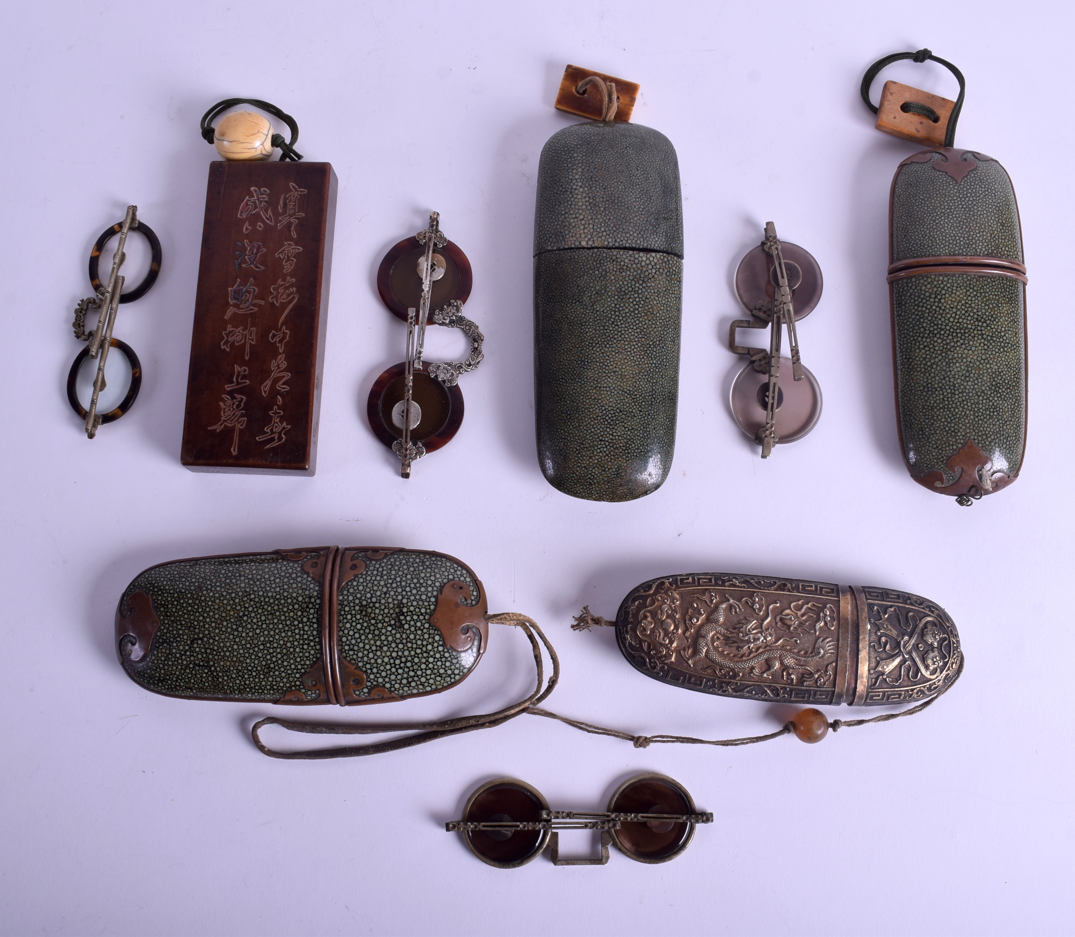 A 19TH CENTURY CHINESE EXPORT SILVER GLASSES CASE AND COVER together with three shagreen examples & - Image 2 of 3