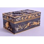 A FINE 19TH CENTURY JAPANESE MEIJI PERIOD GOLD AND SILVER ONLAID BRONZE BOX decorated with two geis
