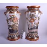 A RARE LARGE PAIR OF 19TH CENTURY JAPANESE MEIJI PERIOD SATSUMA PEDESTAL STANDS painted with foliag