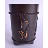 A RARE 19TH CENTURY JAPANESE MEIJI PERIOD ONLAID BRONZE BRUSH POT of barrel form decorated with fol