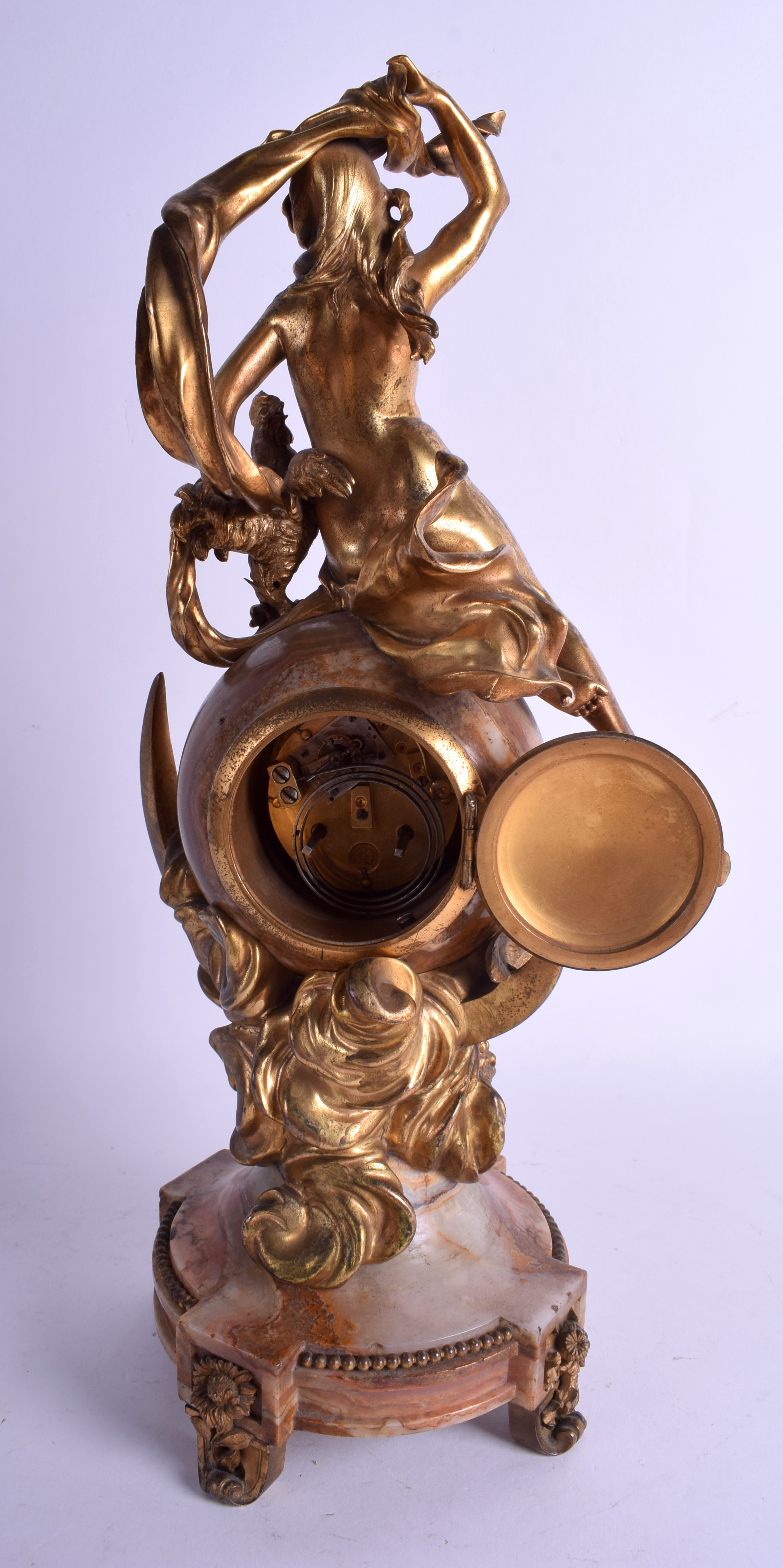 A GOOD 19TH CENTURY FRENCH ORMOLU AND MARBLE MANTEL CLOCK formed as a classical nude maiden upon a - Image 2 of 2