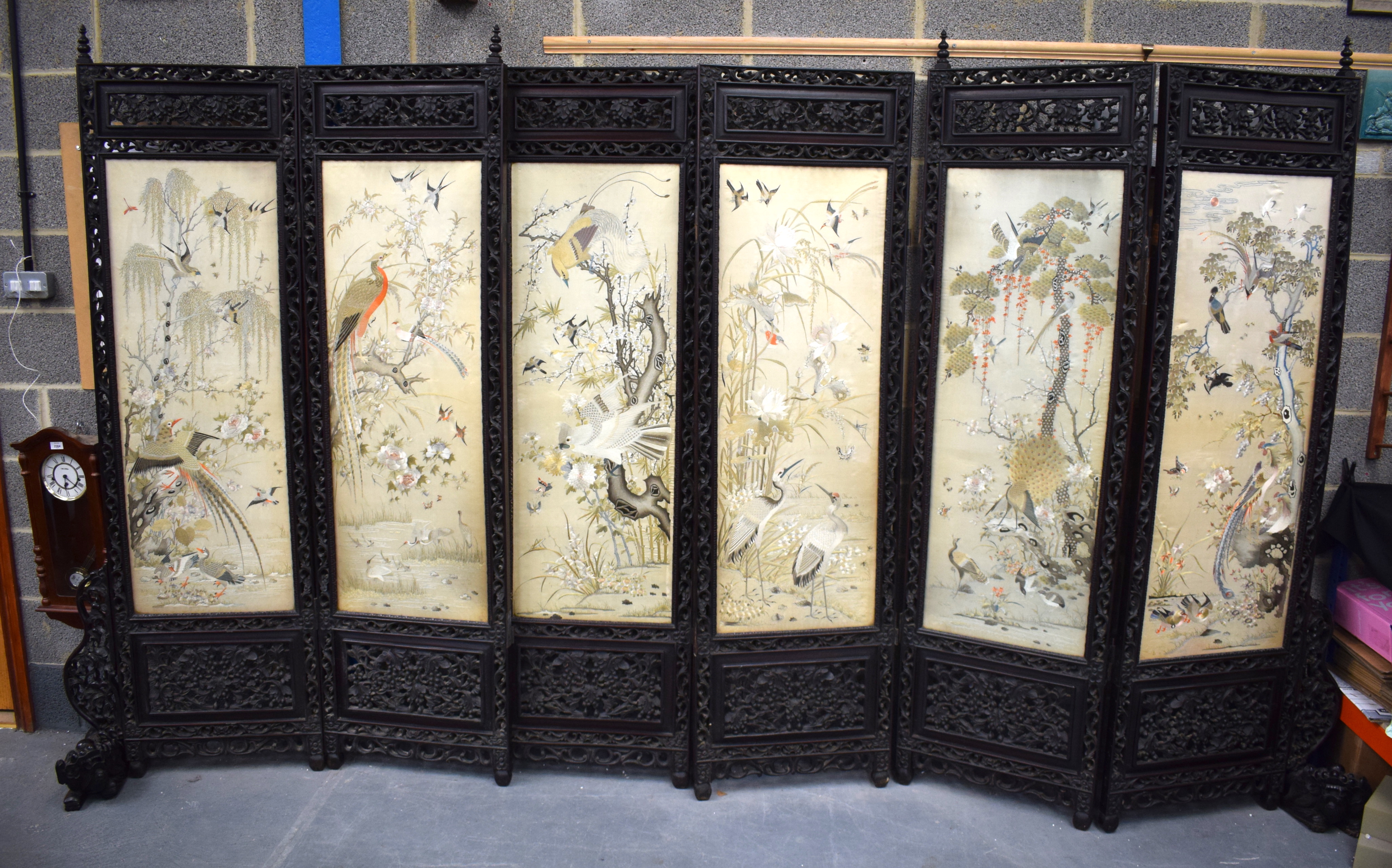 A VERY RARE AND LARGE MID 19TH CENTURY CHINESE HONGMU AND SILK SCREEN comprising of six sections in