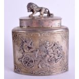 AN ANTIQUE CONTINENTAL SILVER TEA CADDY AND COVER with lion finial. 6.9 oz. 9 cm x 11 cm.