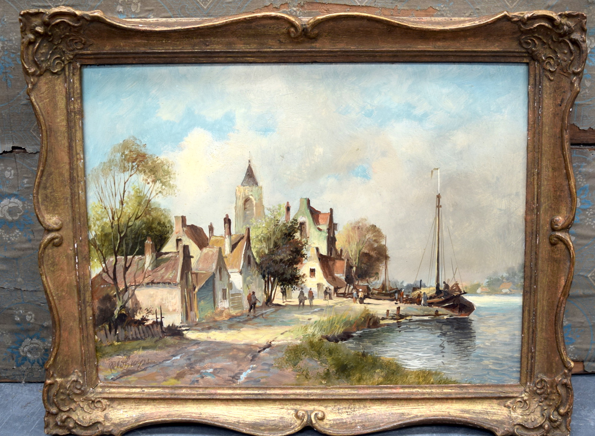 CONTINENTAL SCHOOL (19th/20th century) FRAMED OIL ON PANEL, indistinctly signed, figures in a river