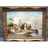 CONTINENTAL SCHOOL (19th/20th century) FRAMED OIL ON PANEL, indistinctly signed, figures in a river