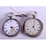 TWO ANTIQUE SILVER POCKET WATCHES. 5.5 cm diameter. (2)