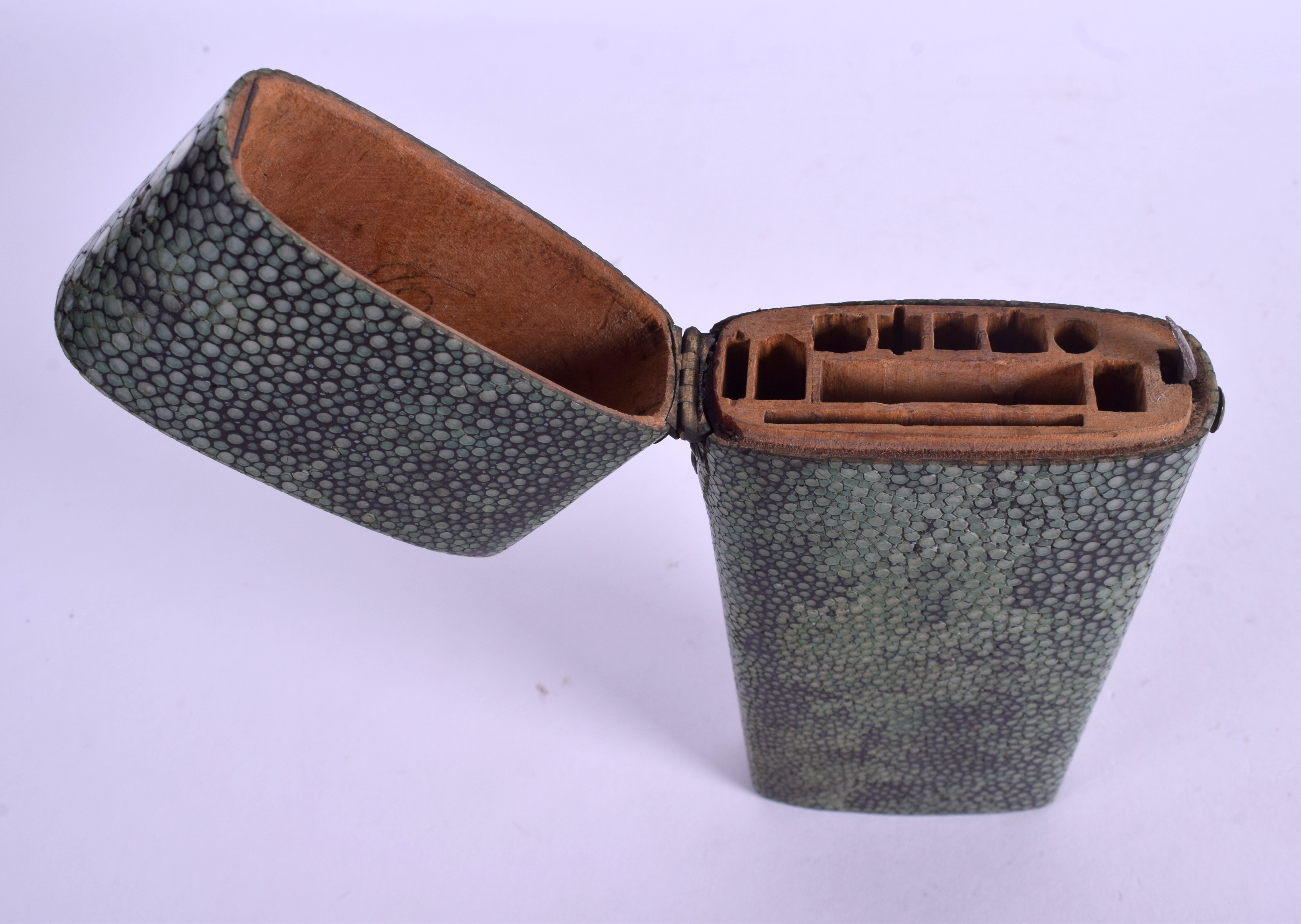 A LARGE GEORGE III SHAGREEN TRAVELLING RAY SKIN ETUI containing numerous instruments. 17 cm x 7 cm. - Image 4 of 4
