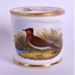 A FINE EARLY 19TH CENTURY CHAMBERLAINS WORCESTER PORCELAIN INKWELL painted with a skylark. 6 cm wid