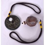 A CHINESE COIN PENDANT, together with an agate pendant carved in relief with a rabbit. Coin 4.5 cm