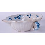 AN 18TH CENTURY CONTINENTAL FAIENCE TWIN HANDLED SAUCEBOAT painted with floral sprays. 20 cm x 14 c