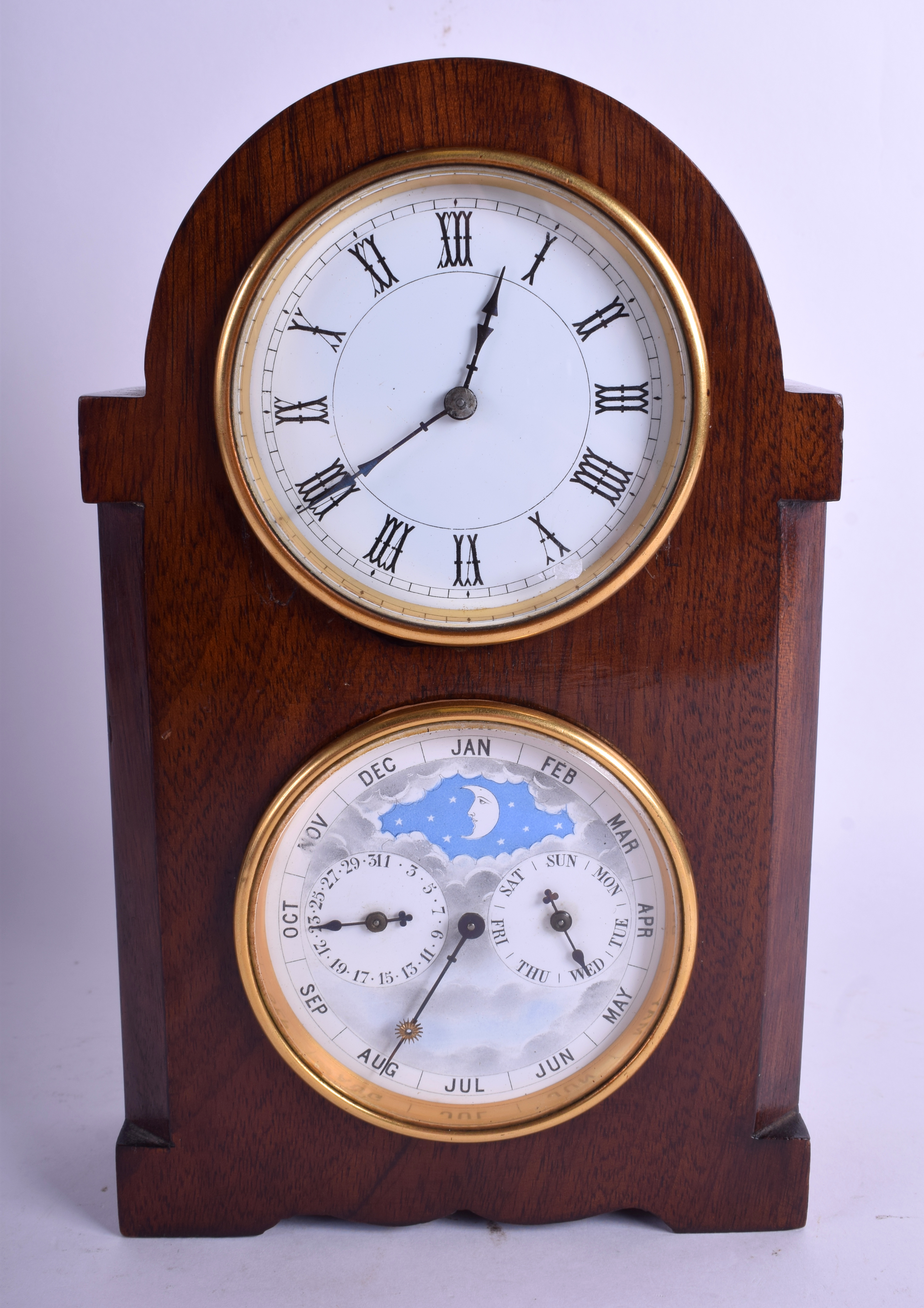 AN ENGLISH MAHOGANY CLOCK CALENDAR TIME PIECE MANTEL CLOCK with two dials. 25 cm x 14 cm.